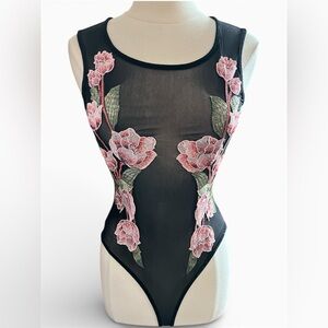 Safira Black Mesh Bodysuit w/Pink & Green Floral Embroidered Detail Size Small
